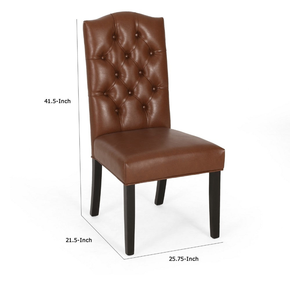 Benjara Elona Dining Chair Set of 2, Crown Top, Brown Tufted Faux Leather