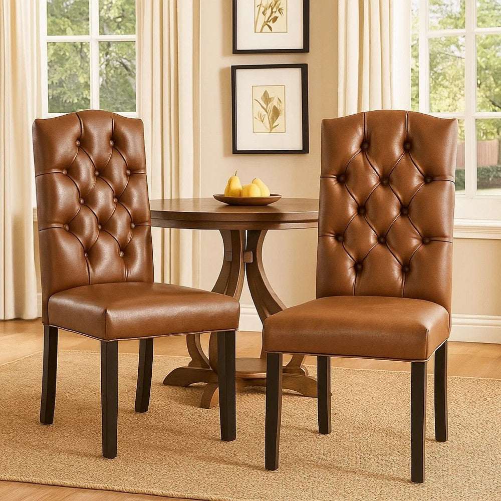 Benjara Elona Dining Chair Set of 2, Crown Top, Brown Tufted Faux Leather