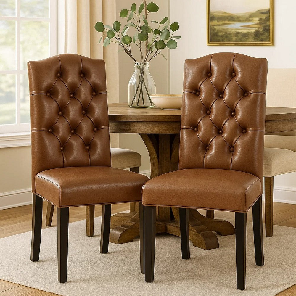 Benjara Elona Dining Chair Set of 2, Crown Top, Brown Tufted Faux Leather