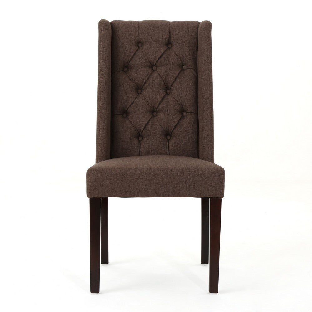 Benjara Greg Dining Chair Set of 2, High Wingback, Birch Wood, Brown Fabric
