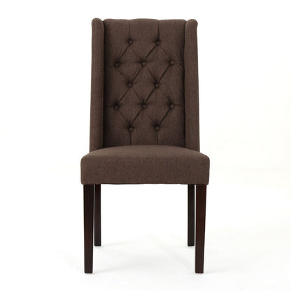 Benjara Greg Dining Chair Set of 2, High Wingback, Birch Wood, Brown Fabric