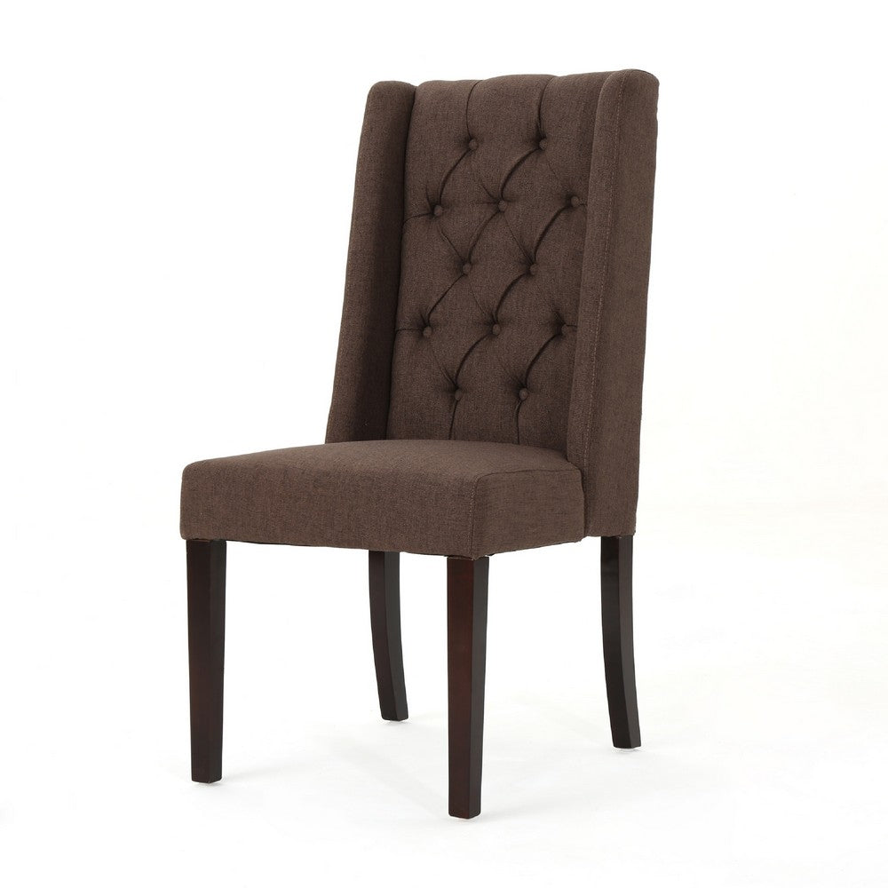 Benjara Greg Dining Chair Set of 2, High Wingback, Birch Wood, Brown Fabric