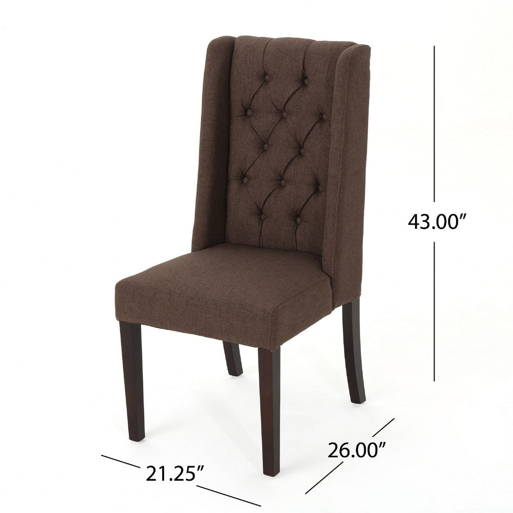 Benjara Greg Dining Chair Set of 2, High Wingback, Birch Wood, Brown Fabric