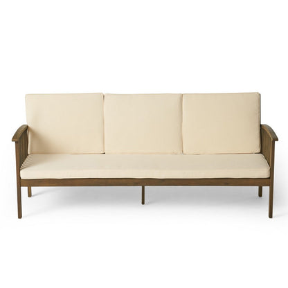 Benjara Gerry Outdoor Bench Sofa, Cream Foam Pads, Gray Acacia Wood 78 Inch