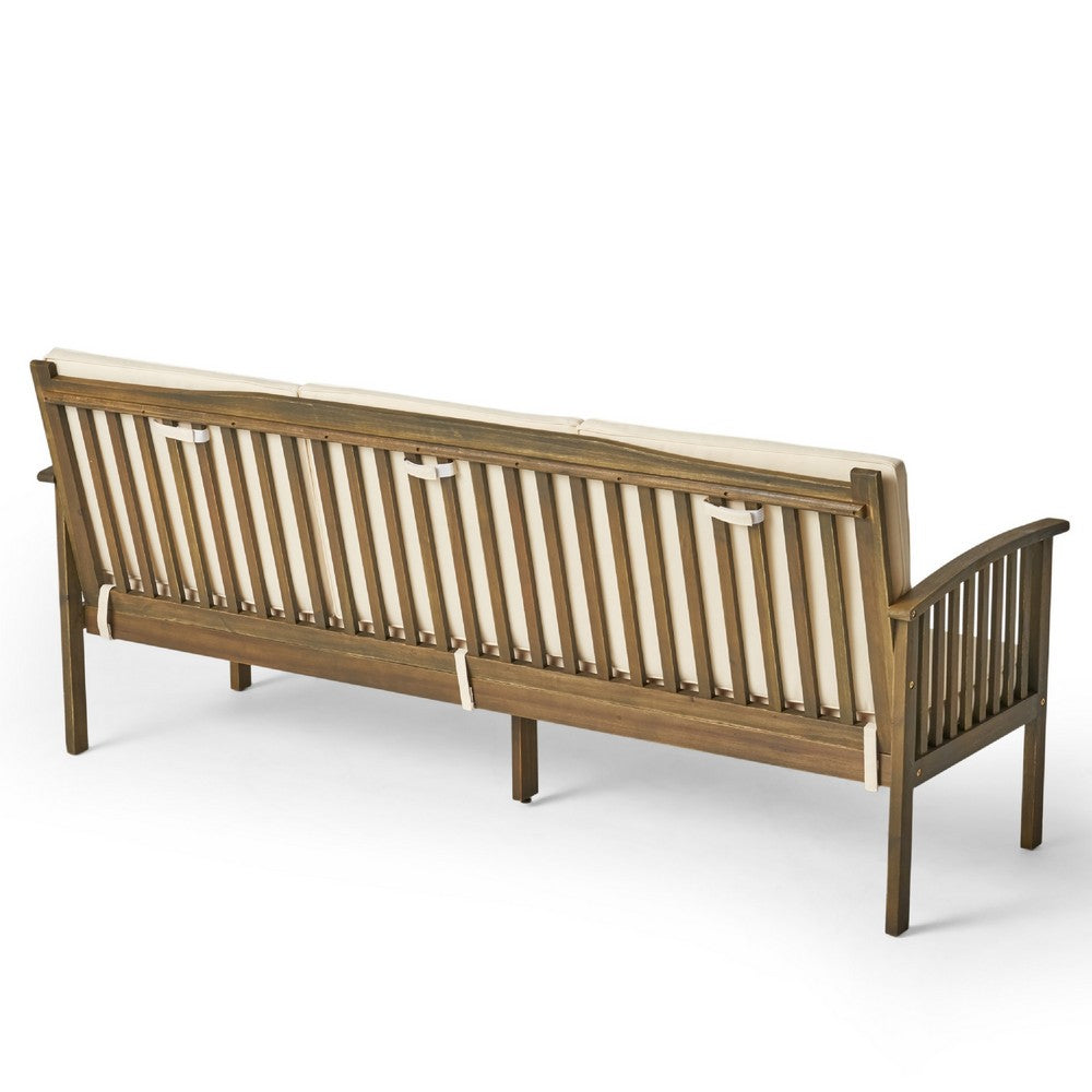 Benjara Gerry Outdoor Bench Sofa, Cream Foam Pads, Gray Acacia Wood 78 Inch