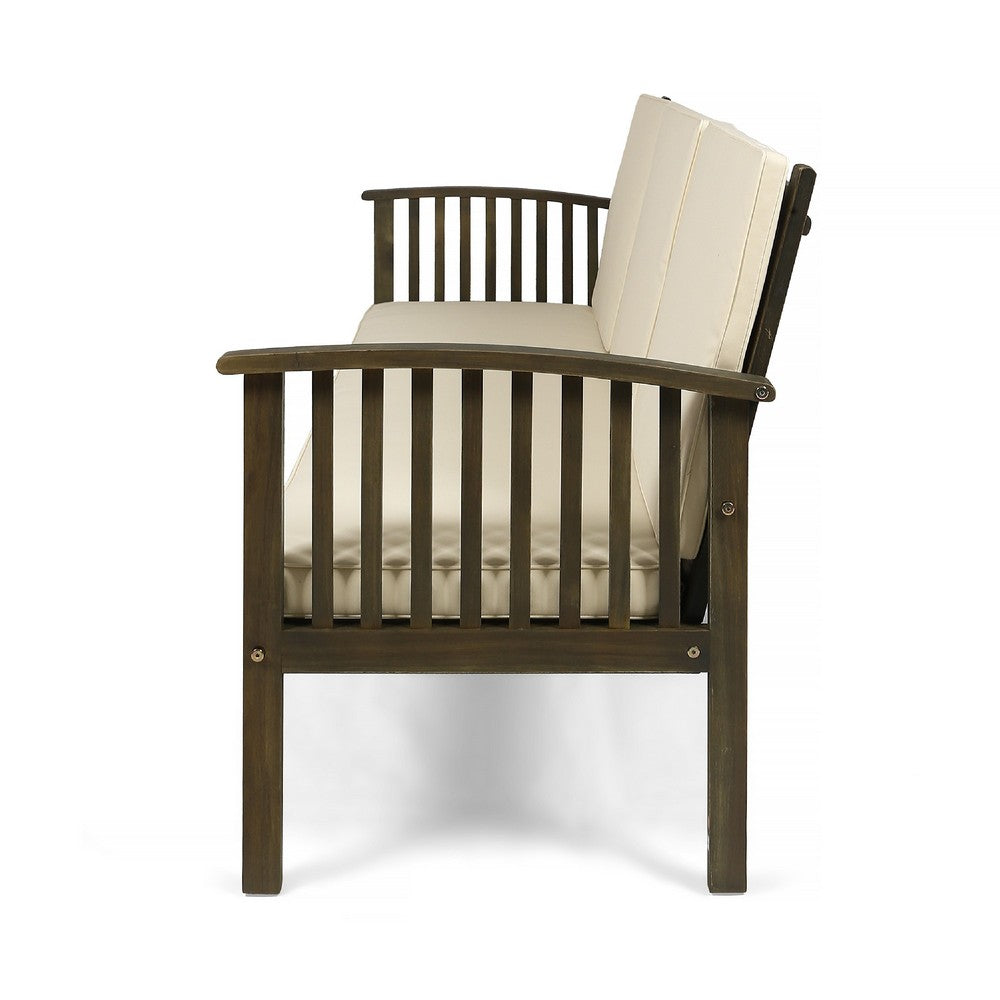 Benjara Gerry Outdoor Bench Sofa, Cream Foam Pads, Gray Acacia Wood 78 Inch