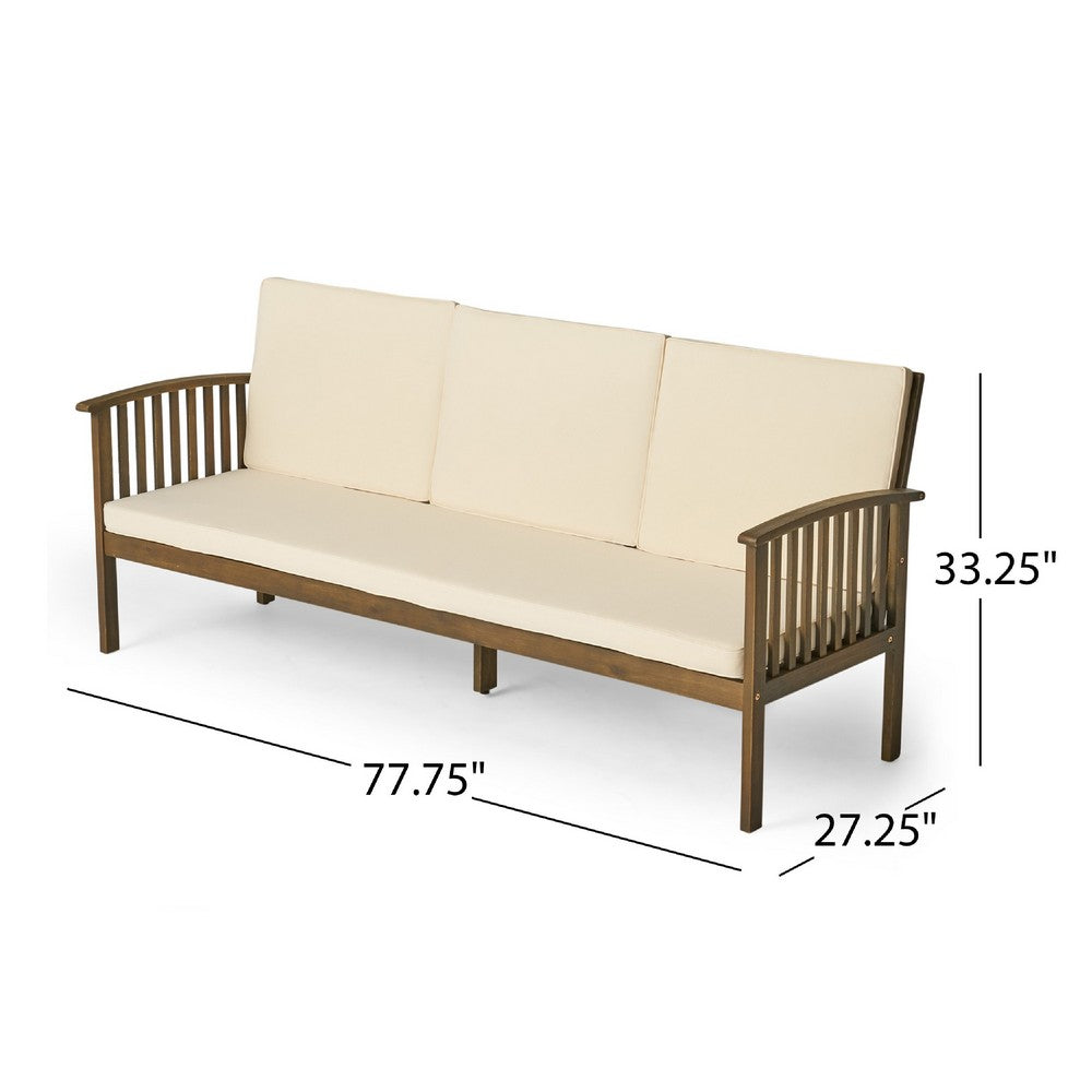 Benjara Gerry Outdoor Bench Sofa, Cream Foam Pads, Gray Acacia Wood 78 Inch