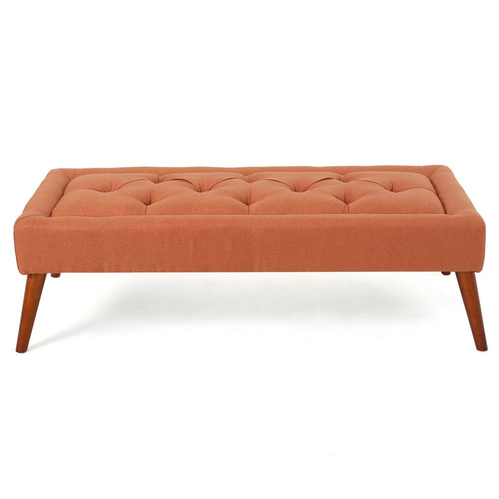 Benjara Accent Ottoman Bench, Tufted 52 Inch Rectangular Orange Fabric Seat