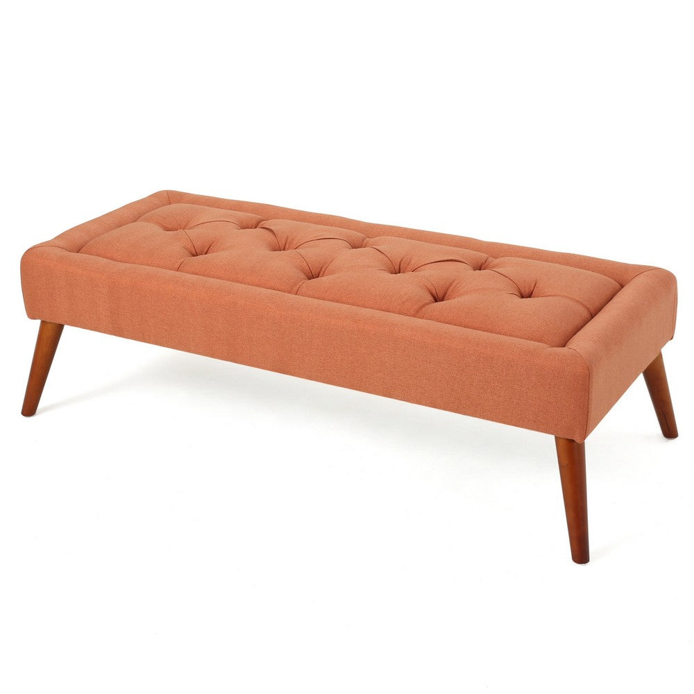 Benjara Accent Ottoman Bench, Tufted 52 Inch Rectangular Orange Fabric Seat