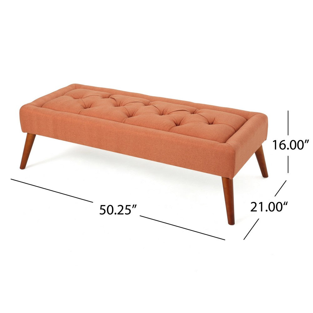 Benjara Accent Ottoman Bench, Tufted 52 Inch Rectangular Orange Fabric Seat