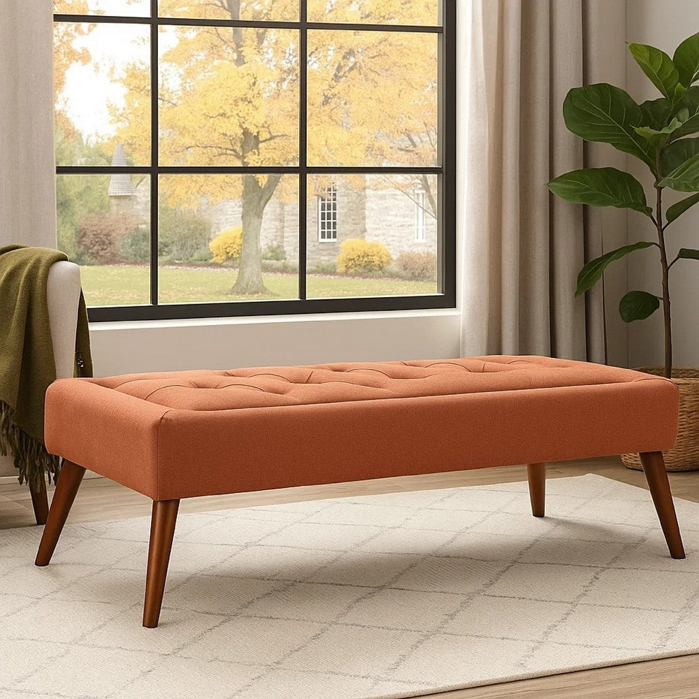 Benjara Accent Ottoman Bench, Tufted 52 Inch Rectangular Orange Fabric Seat