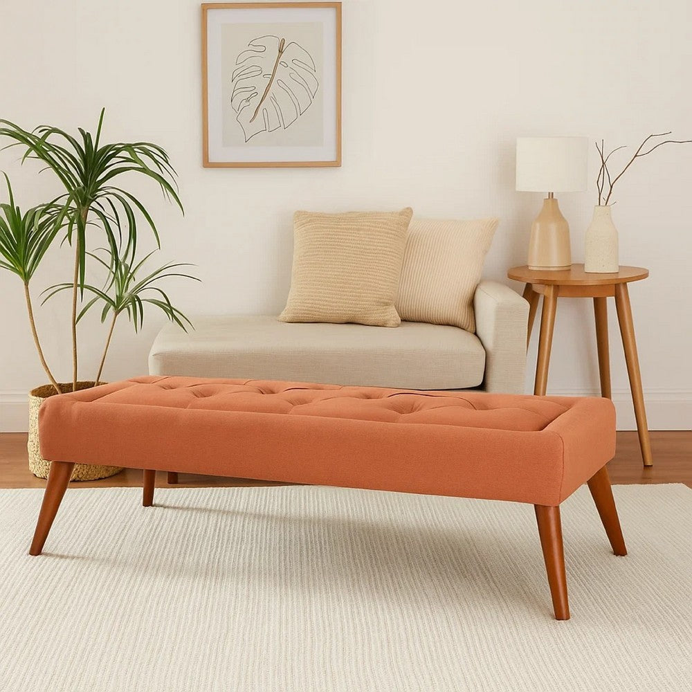 Benjara Accent Ottoman Bench, Tufted 52 Inch Rectangular Orange Fabric Seat