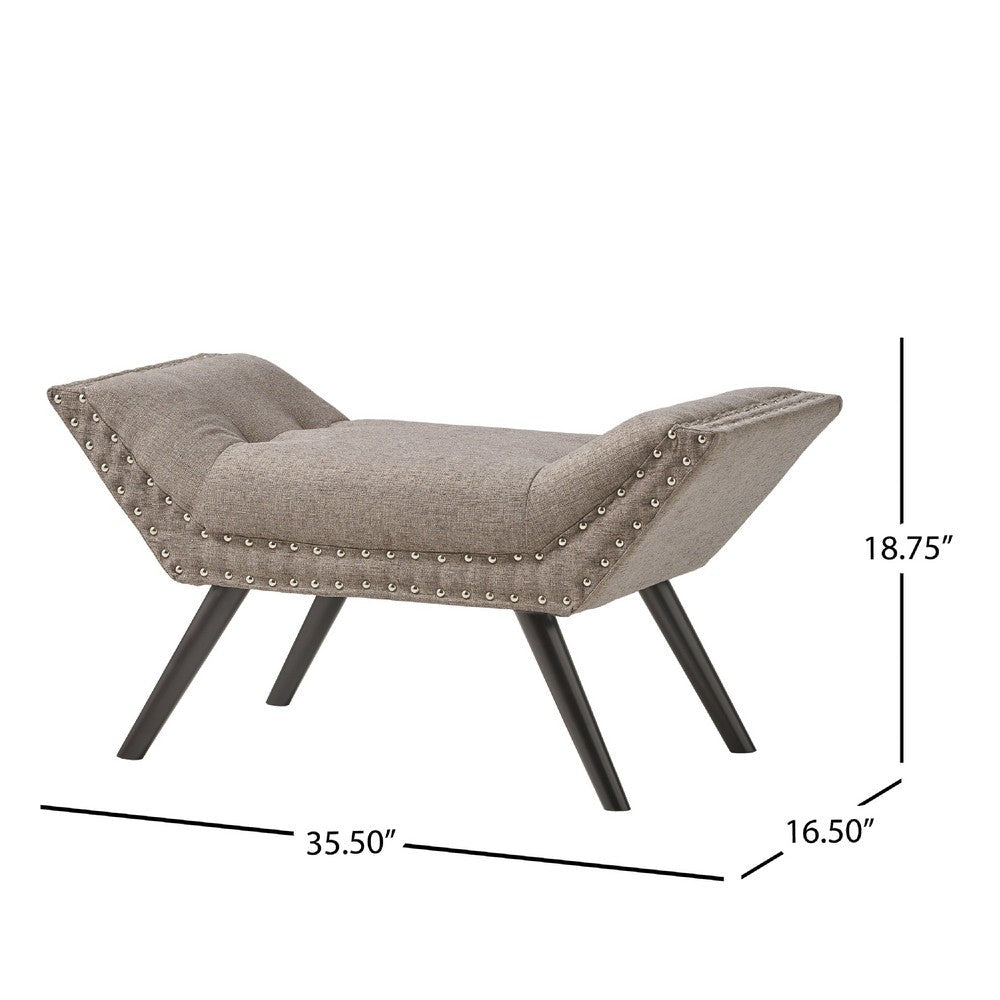 Benjara Vibe Ottoman Bench, Tufted Gray Fabric, 36 Inch, Nailhead Trim