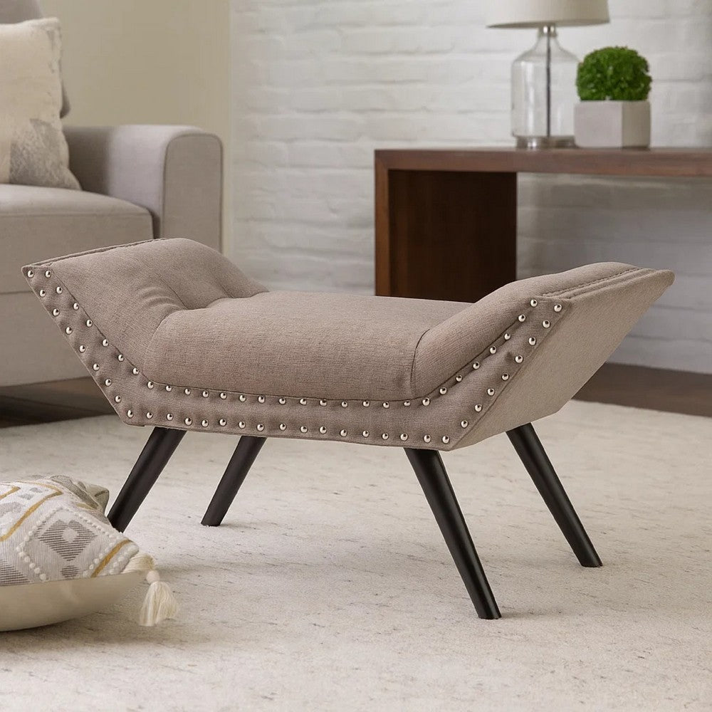Benjara Vibe Ottoman Bench, Tufted Gray Fabric, 36 Inch, Nailhead Trim
