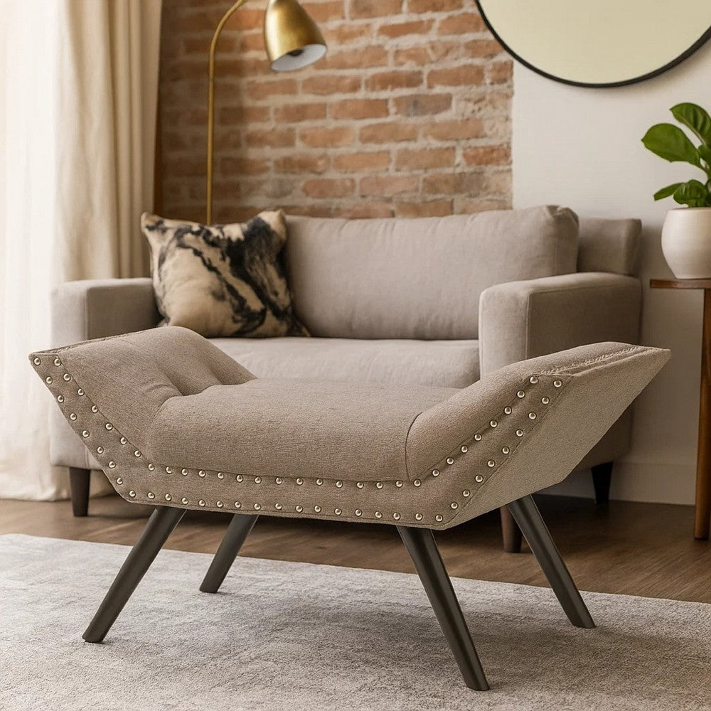 Benjara Vibe Ottoman Bench, Tufted Gray Fabric, 36 Inch, Nailhead Trim