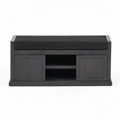Benjara Shoe Bench with 2 Storage Shelves, 43 Inch Dark Gray Acacia Wood