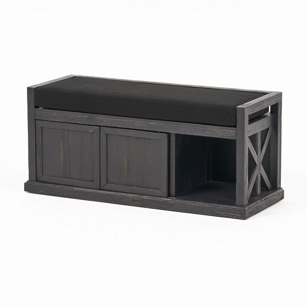 Benjara Shoe Bench with 2 Storage Shelves, 43 Inch Dark Gray Acacia Wood