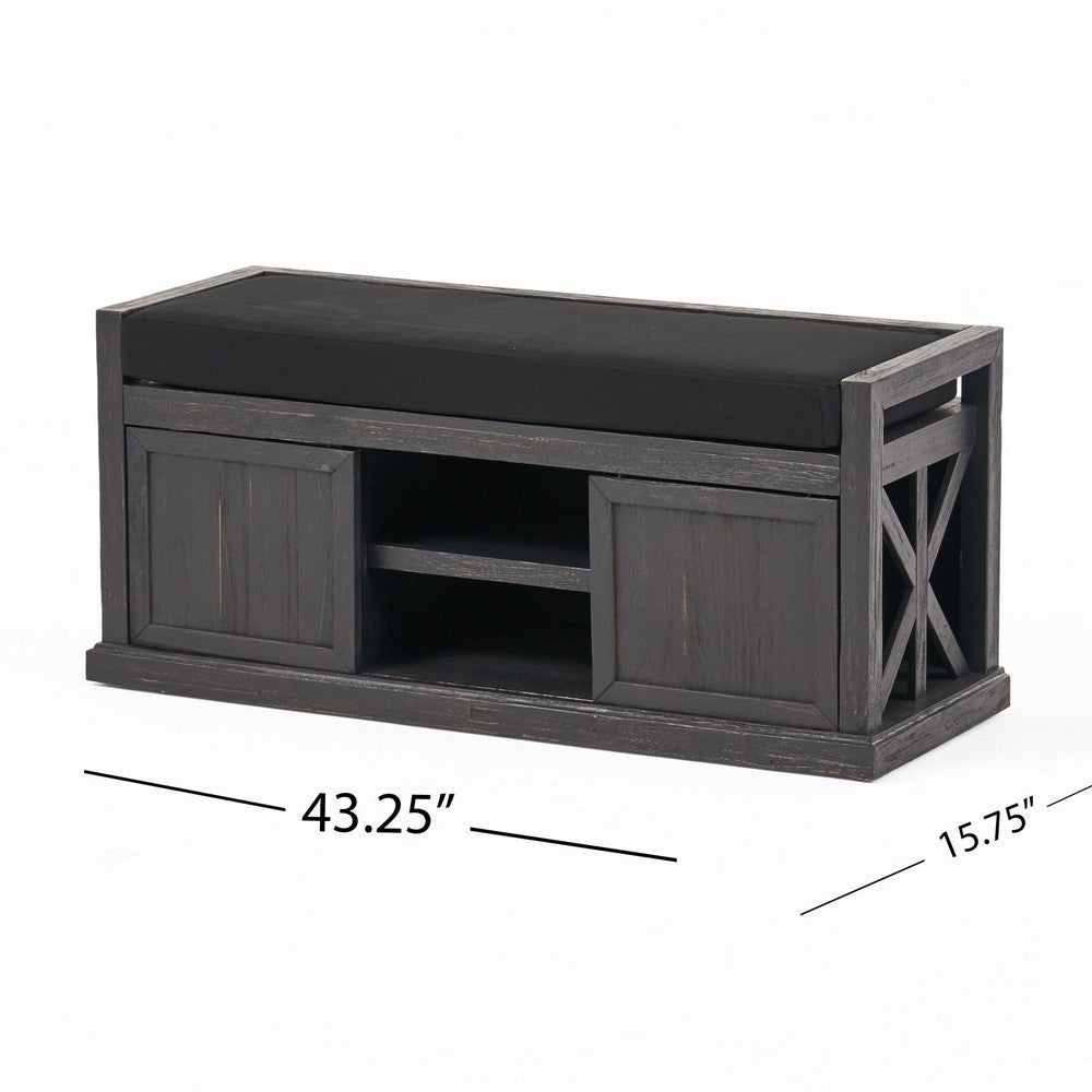 Benjara Shoe Bench with 2 Storage Shelves, 43 Inch Dark Gray Acacia Wood