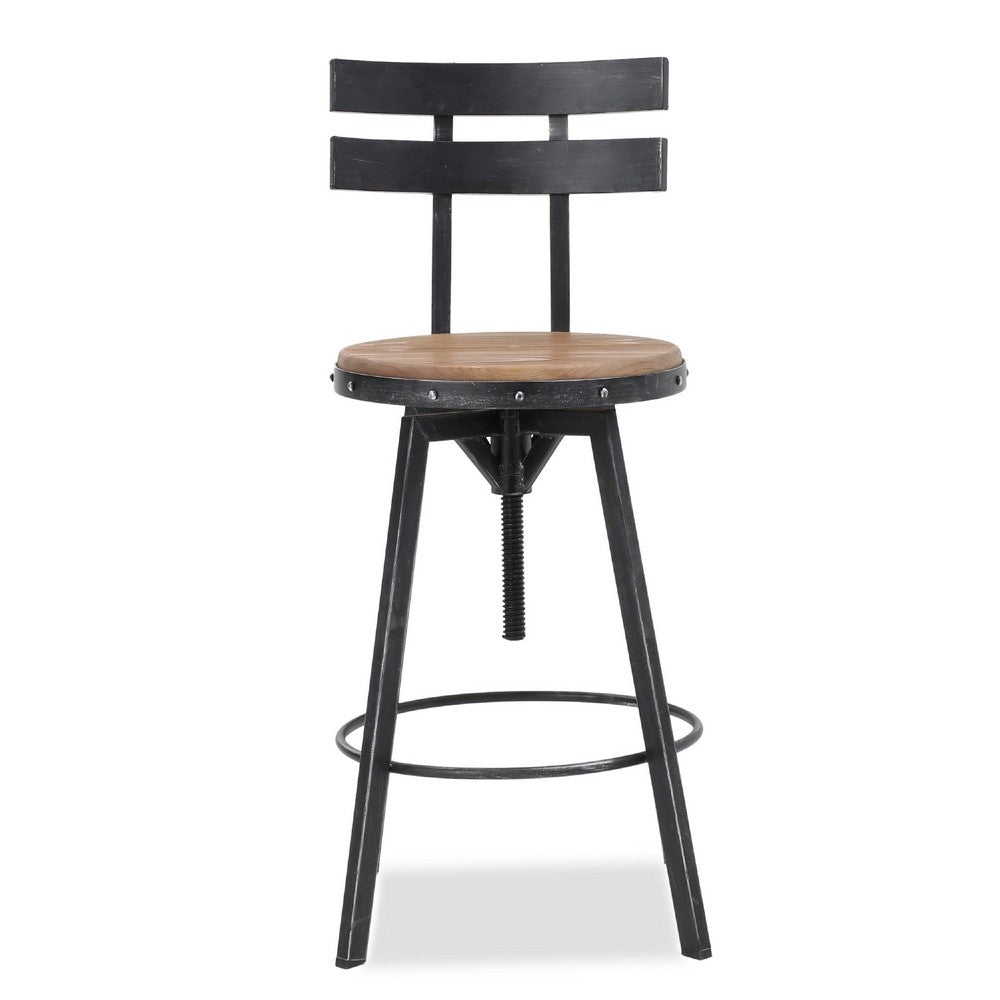 Benjara Swivel Barstool Chair, Adjustable 26-32 Inch Seat, Black Metal, Brown