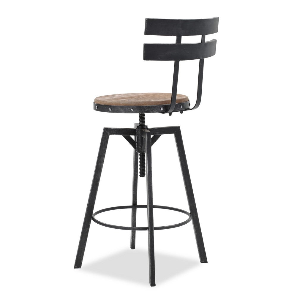 Benjara Swivel Barstool Chair, Adjustable 26-32 Inch Seat, Black Metal, Brown
