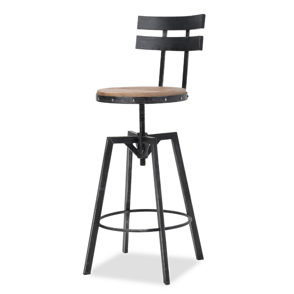 Benjara Swivel Barstool Chair, Adjustable 26-32 Inch Seat, Black Metal, Brown