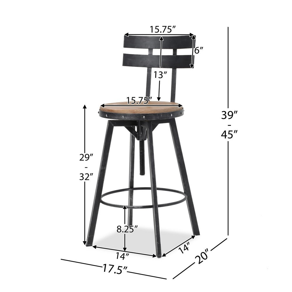 Benjara Swivel Barstool Chair, Adjustable 26-32 Inch Seat, Black Metal, Brown