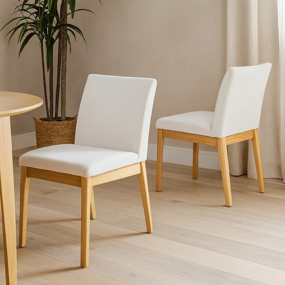Benjara Dining Chair Set of 2, Brown Wood Frame, Light Beige Padded Fabric