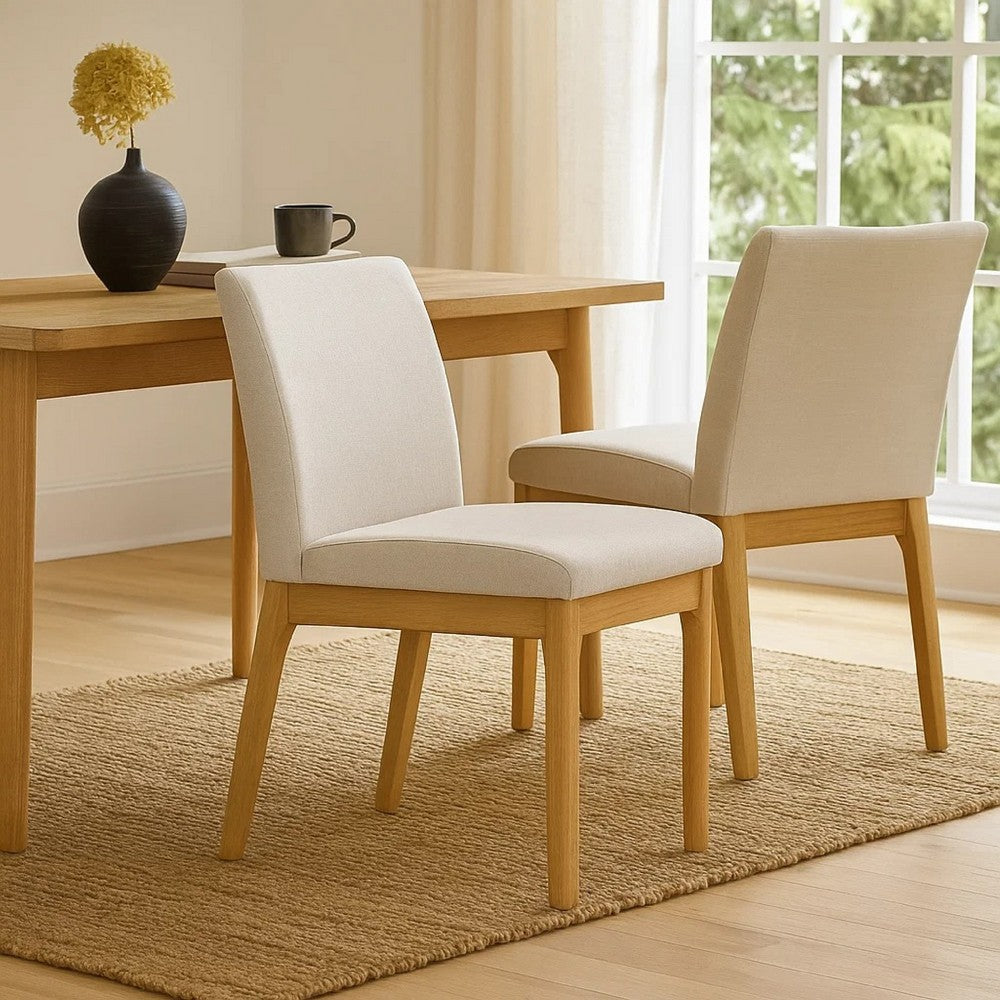 Benjara Dining Chair Set of 2, Brown Wood Frame, Light Beige Padded Fabric
