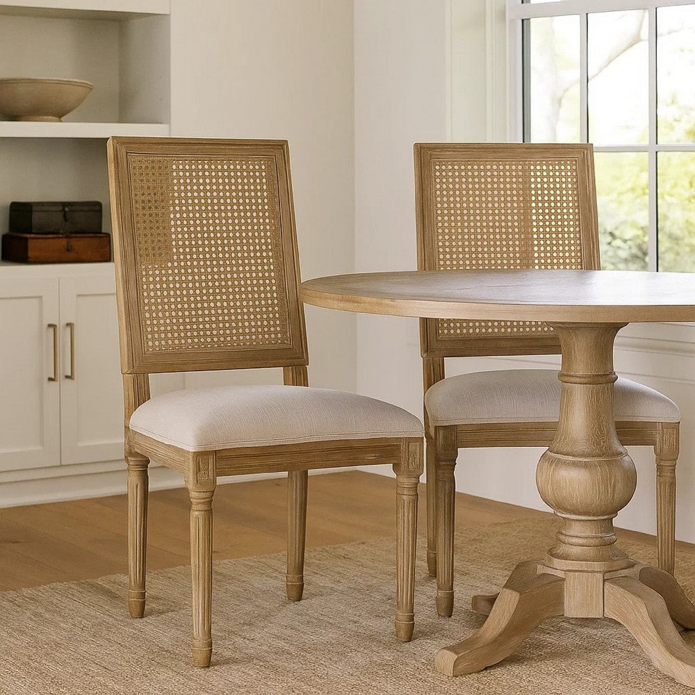 Benjara Viba Dining Chair Set of 2, Gray, Cane Light Weathered Brown Wood