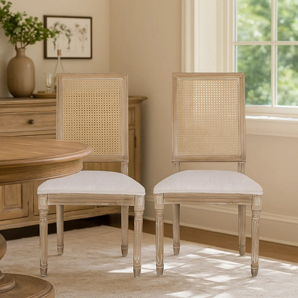 Benjara Viba Dining Chair Set of 2, Gray, Cane Light Weathered Brown Wood