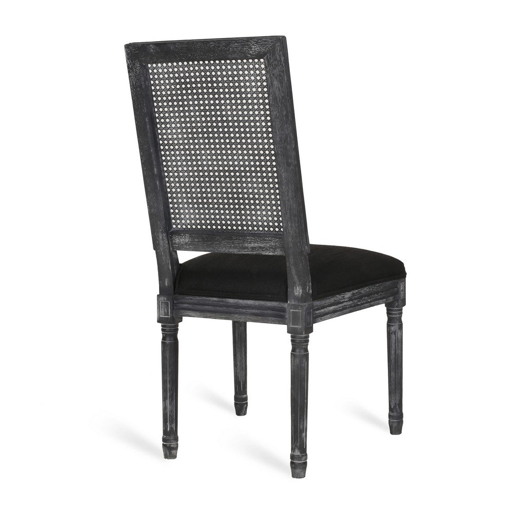Benjara Marsie Dining Chair Set of 2, Black Fabric, Wood Frame Cane Backrest