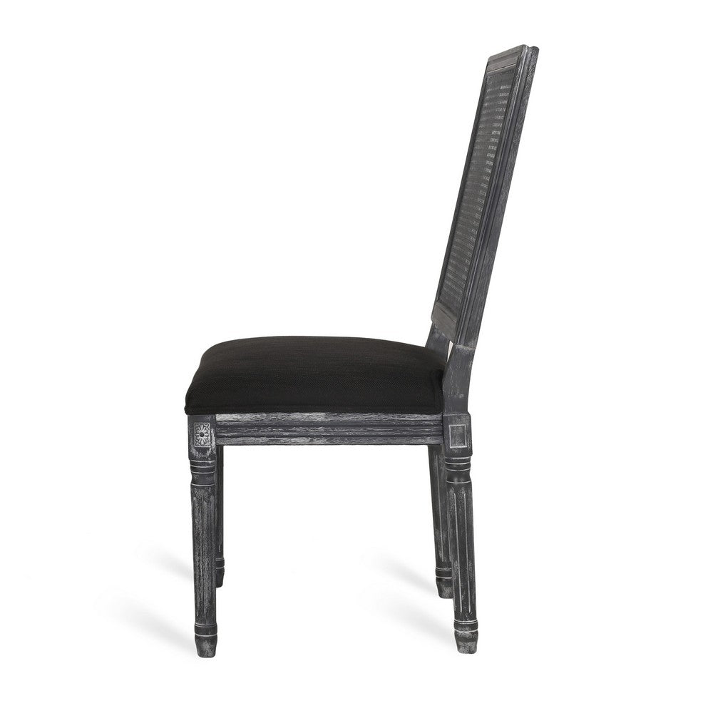 Benjara Marsie Dining Chair Set of 2, Black Fabric, Wood Frame Cane Backrest