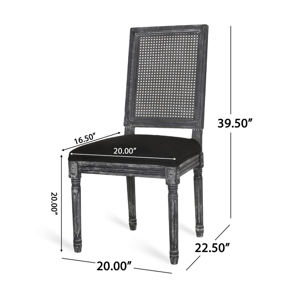 Benjara Marsie Dining Chair Set of 2, Black Fabric, Wood Frame Cane Backrest