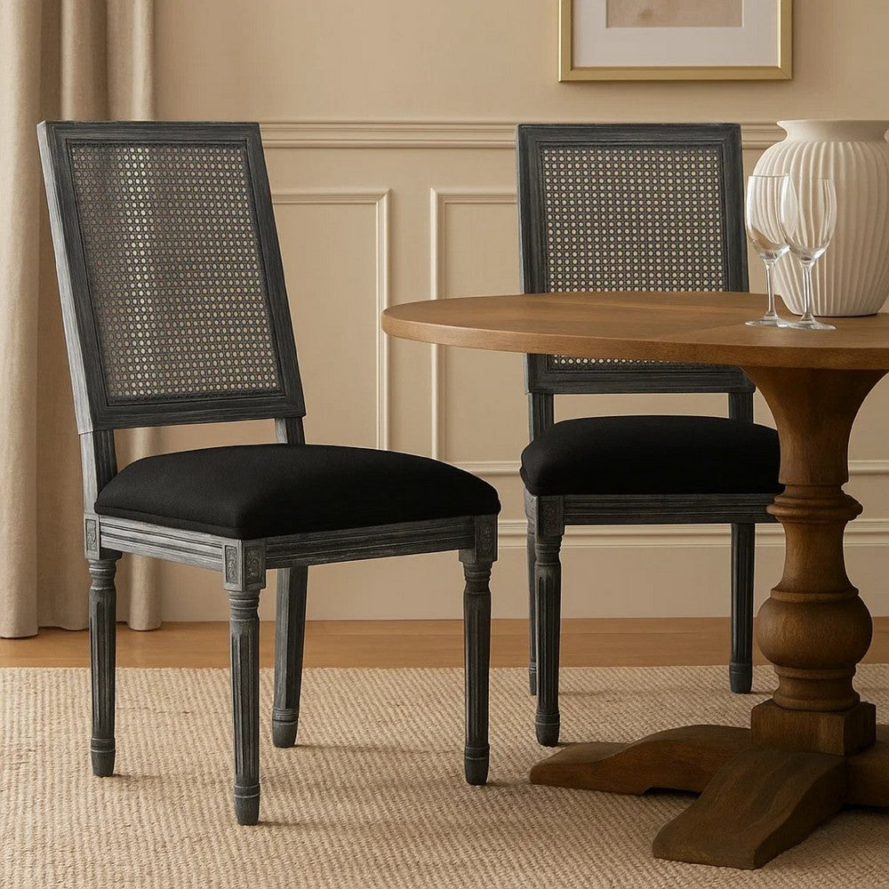 Benjara Marsie Dining Chair Set of 2, Black Fabric, Wood Frame Cane Backrest