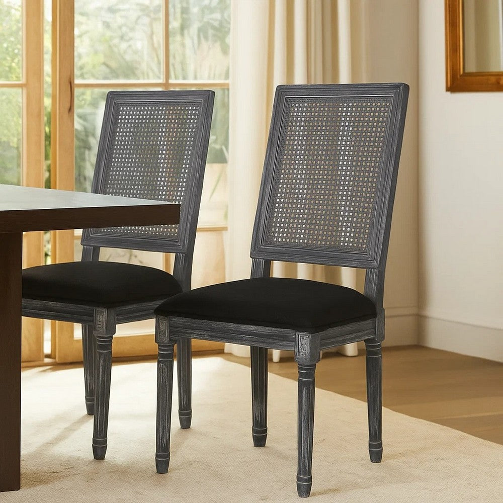 Benjara Marsie Dining Chair Set of 2, Black Fabric, Wood Frame Cane Backrest