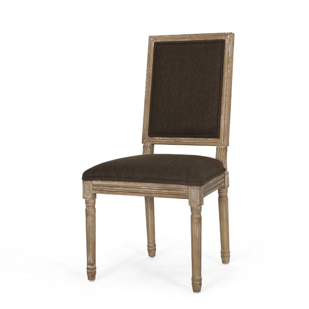 Benjara Kevin Dining Chair Set of 2, Brown Fabric Padded Seat, Natural Wood