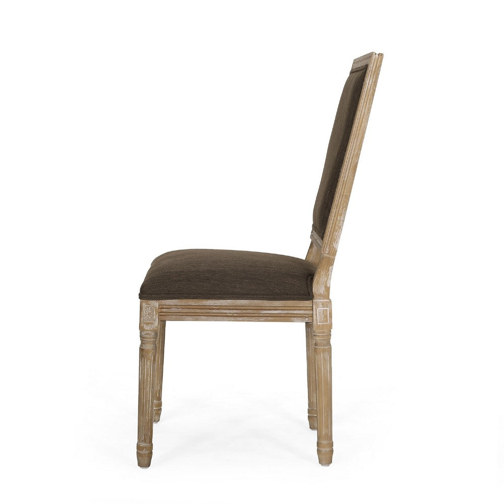 Benjara Kevin Dining Chair Set of 2, Brown Fabric Padded Seat, Natural Wood