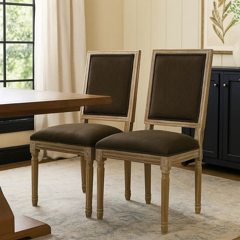 Benjara Kevin Dining Chair Set of 2, Brown Fabric Padded Seat, Natural Wood