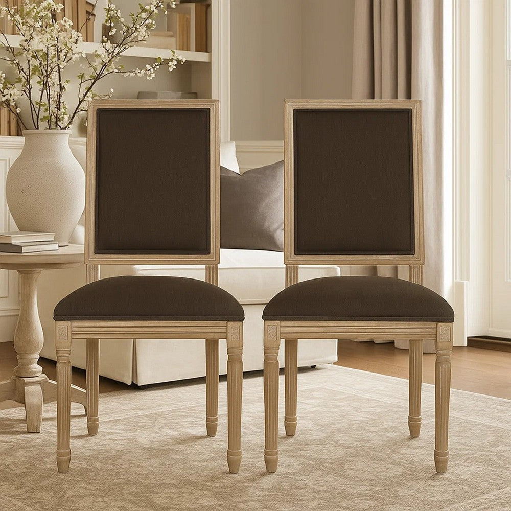 Benjara Kevin Dining Chair Set of 2, Brown Fabric Padded Seat, Natural Wood