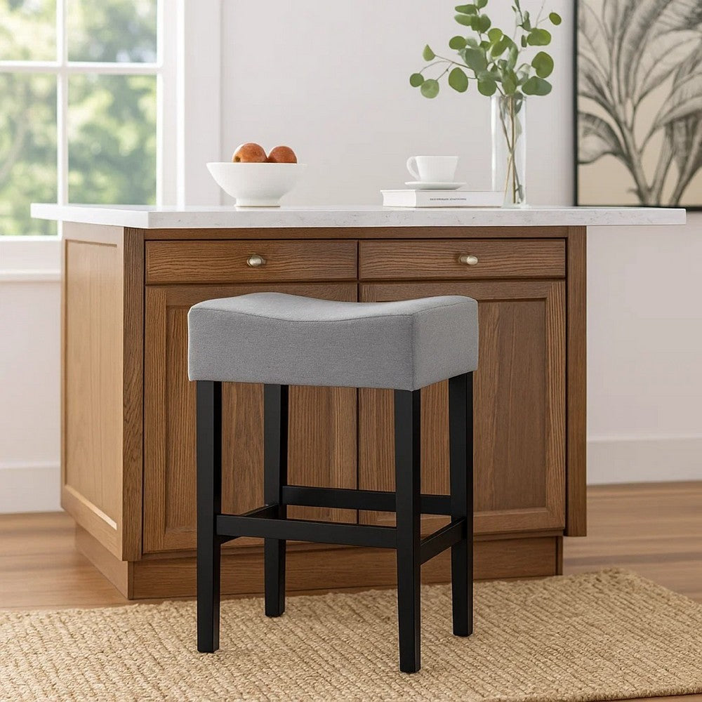 Benjara Seya Counter Stool Set of 2, Gray Waterproof Cushioned Seat, Black