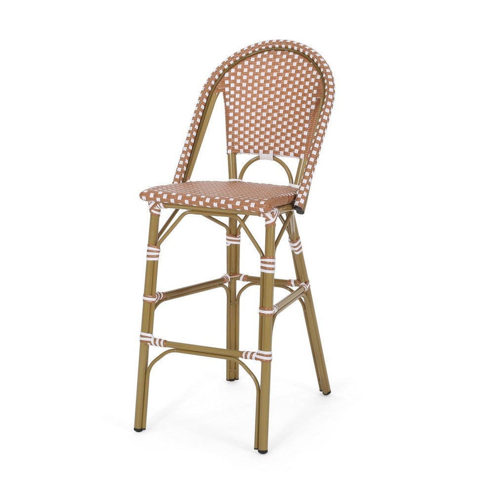 Benjara 46 Inch Outdoor Barstool Chair Set of 2, Red White Brown Woven Wicker