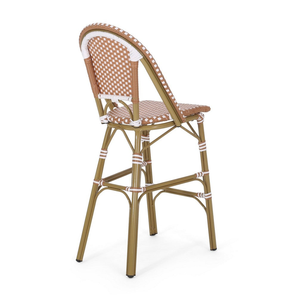 Benjara 46 Inch Outdoor Barstool Chair Set of 2, Red White Brown Woven Wicker
