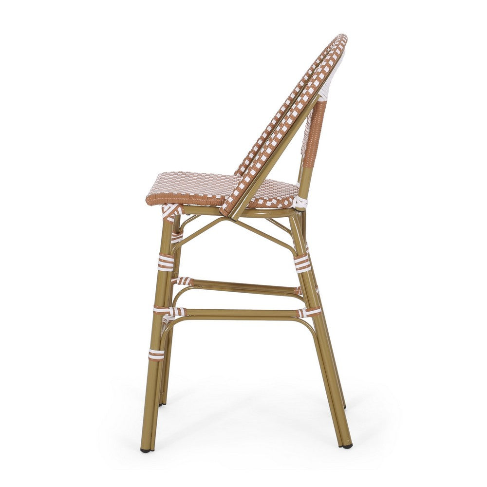 Benjara 46 Inch Outdoor Barstool Chair Set of 2, Red White Brown Woven Wicker