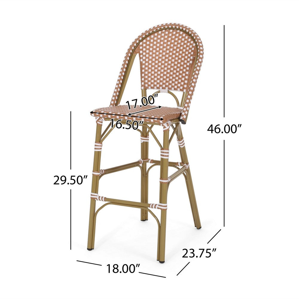 Benjara 46 Inch Outdoor Barstool Chair Set of 2, Red White Brown Woven Wicker