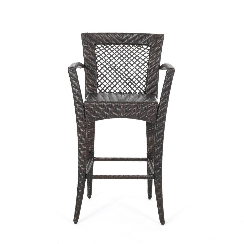 Benjara Fela Outdoor Barstool Chair Set of 2, Wicker Woven, Brown Iron Frame