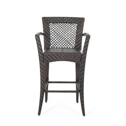 Benjara Fela Outdoor Barstool Chair Set of 2, Wicker Woven, Brown Iron Frame
