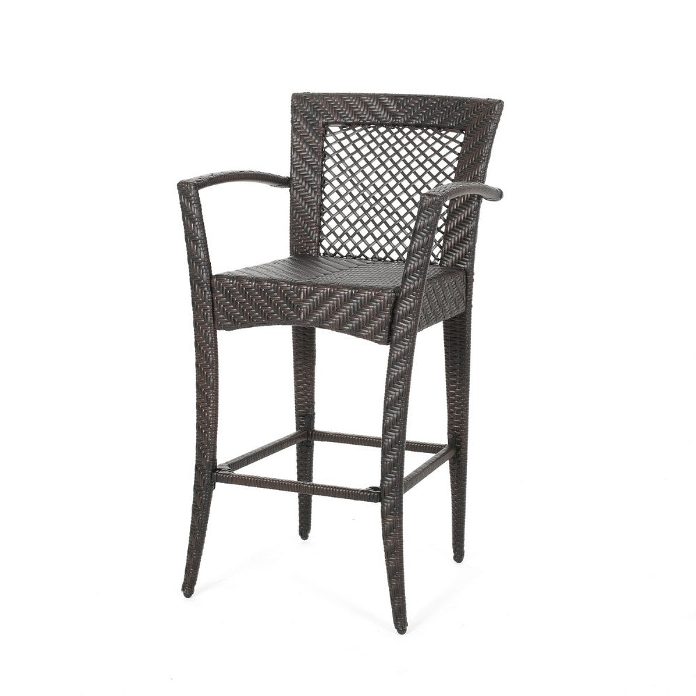 Benjara Fela Outdoor Barstool Chair Set of 2, Wicker Woven, Brown Iron Frame