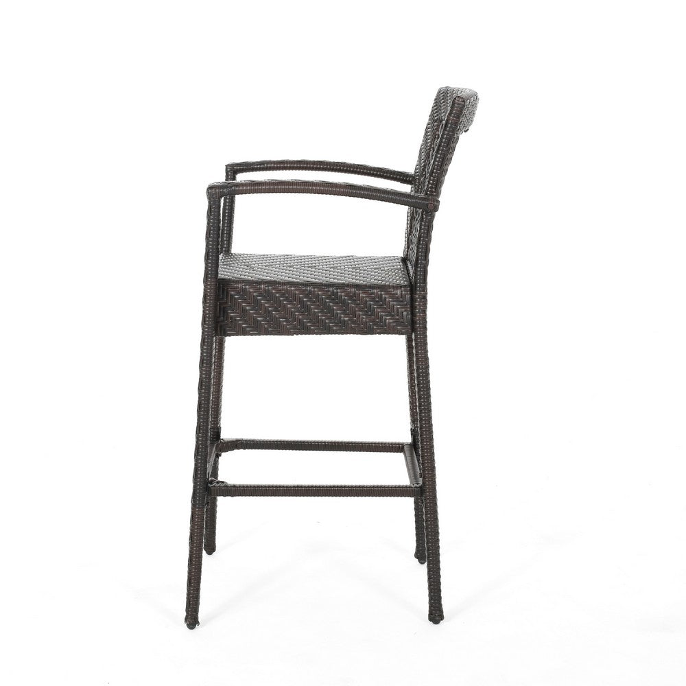 Benjara Fela Outdoor Barstool Chair Set of 2, Wicker Woven, Brown Iron Frame