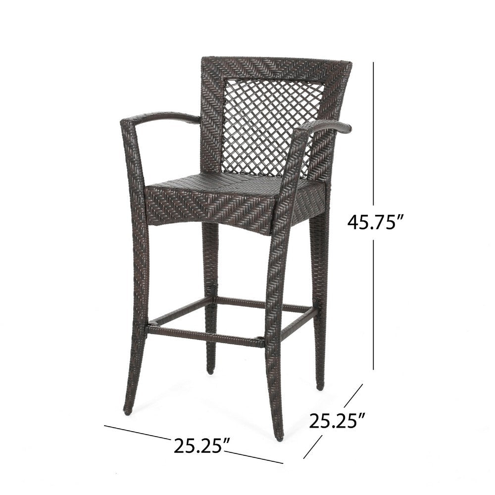 Benjara Fela Outdoor Barstool Chair Set of 2, Wicker Woven, Brown Iron Frame