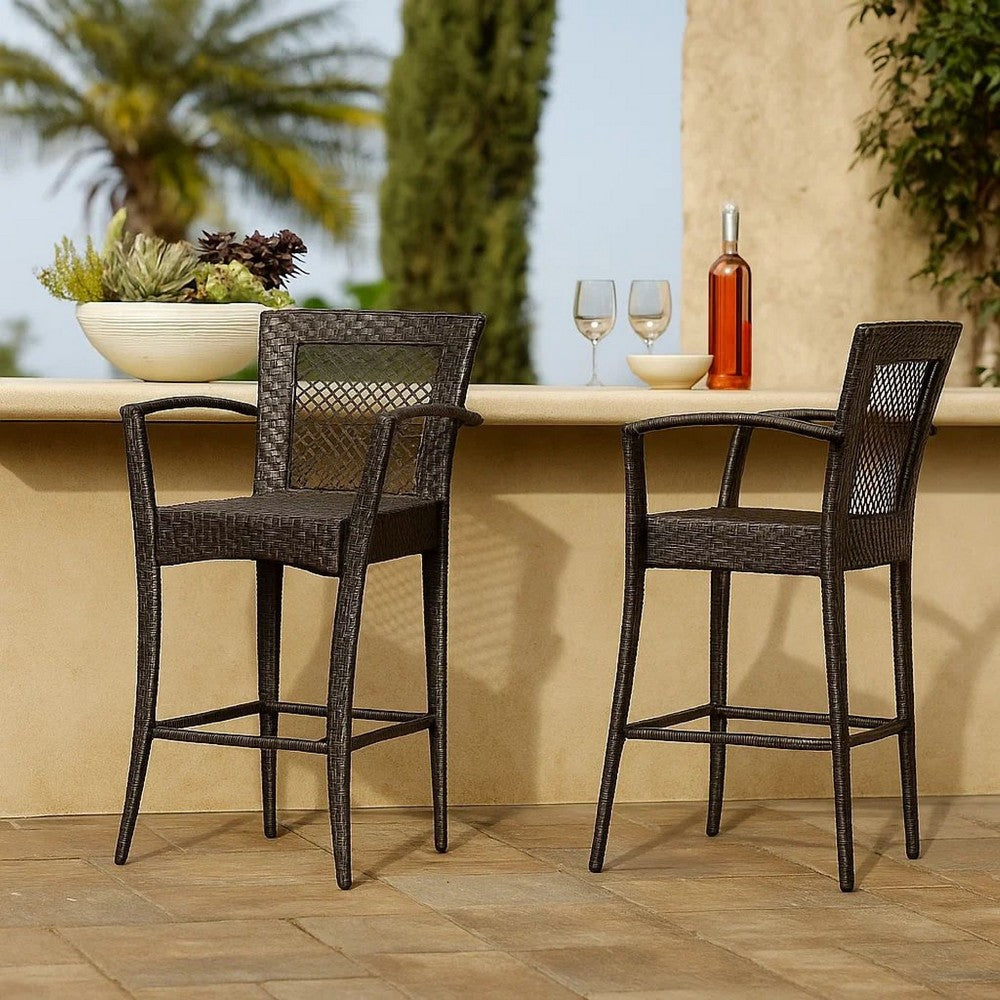 Benjara Fela Outdoor Barstool Chair Set of 2, Wicker Woven, Brown Iron Frame